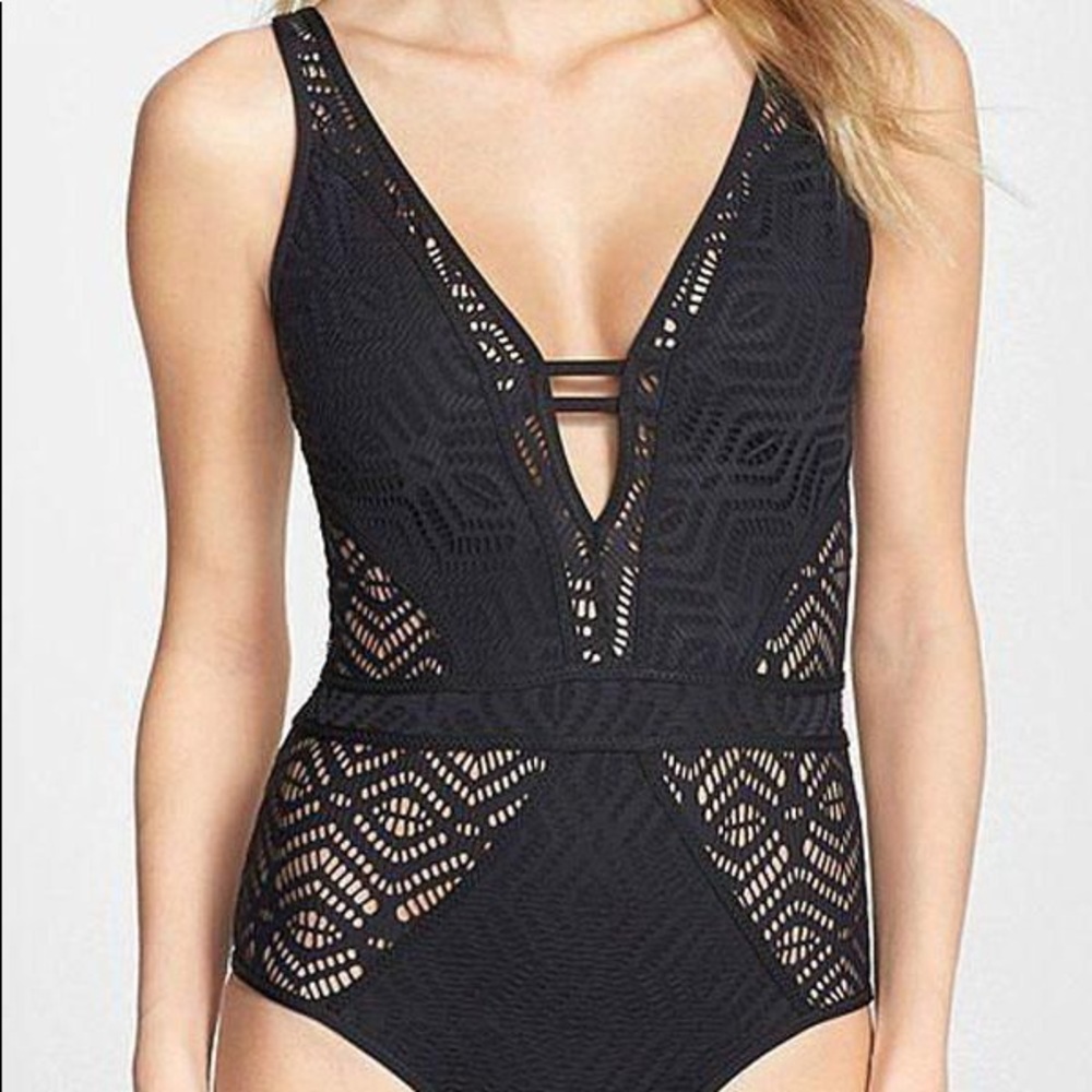 Black Crochet Mesh One Piece Swimsuit